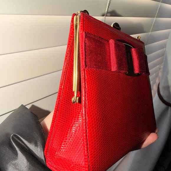 Salvatore Ferragamo Red Textured Clutch with Gold Accent - Picture 4 of 15